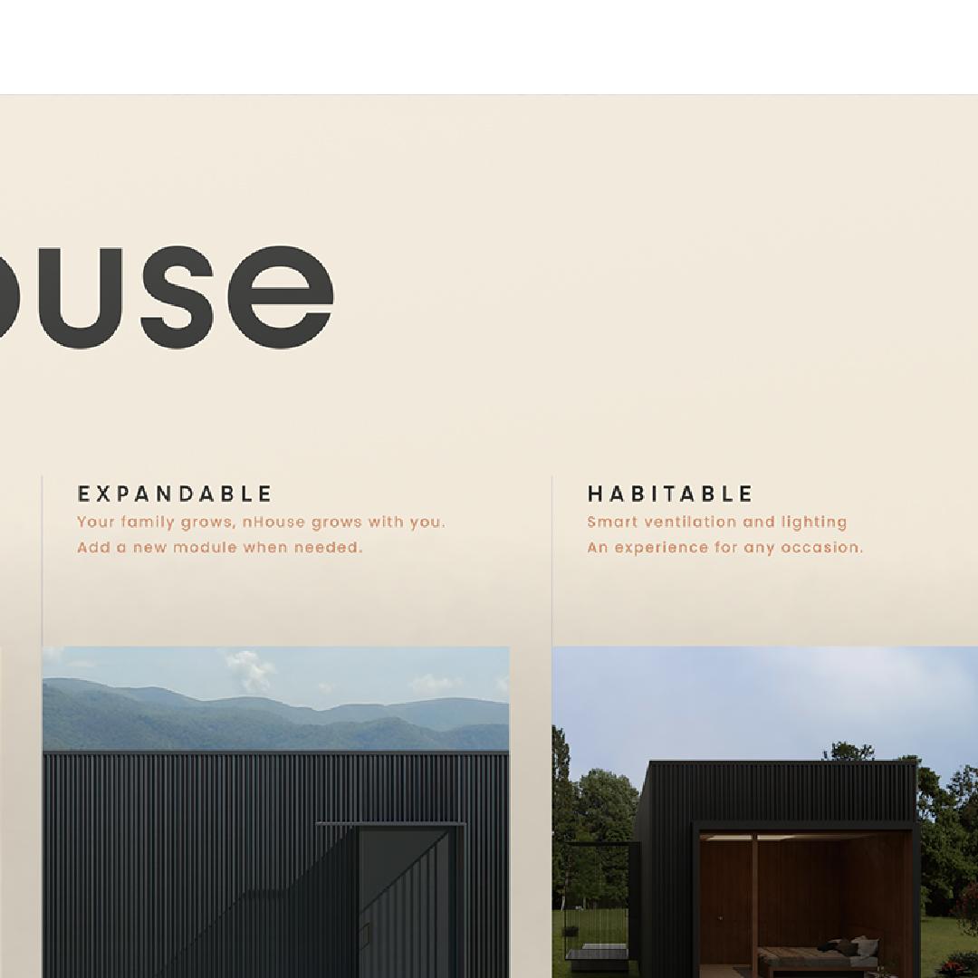 Detail of the nHouse graphics: the words Expandable and Habitable with renders of the module