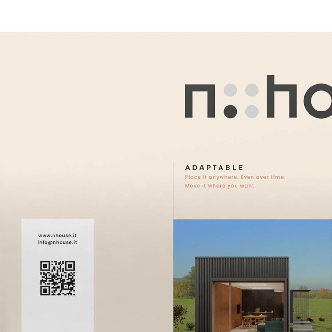 Detail of the nHouse graphics: the word Adaptable, the QR code and the first render