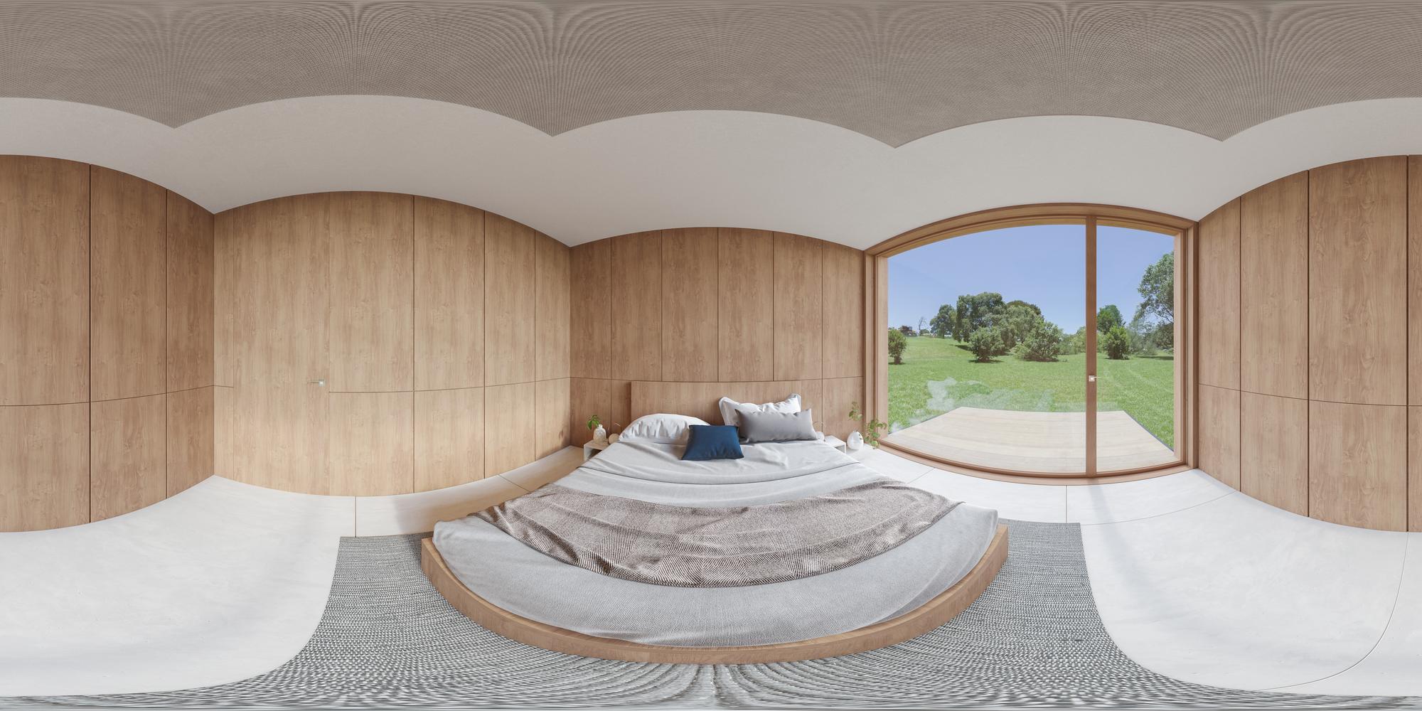 360-degree render of the nHouse bedroom, in panoramic projection: the bed in the centre, the wooden walls and the glass wall onto the lawn