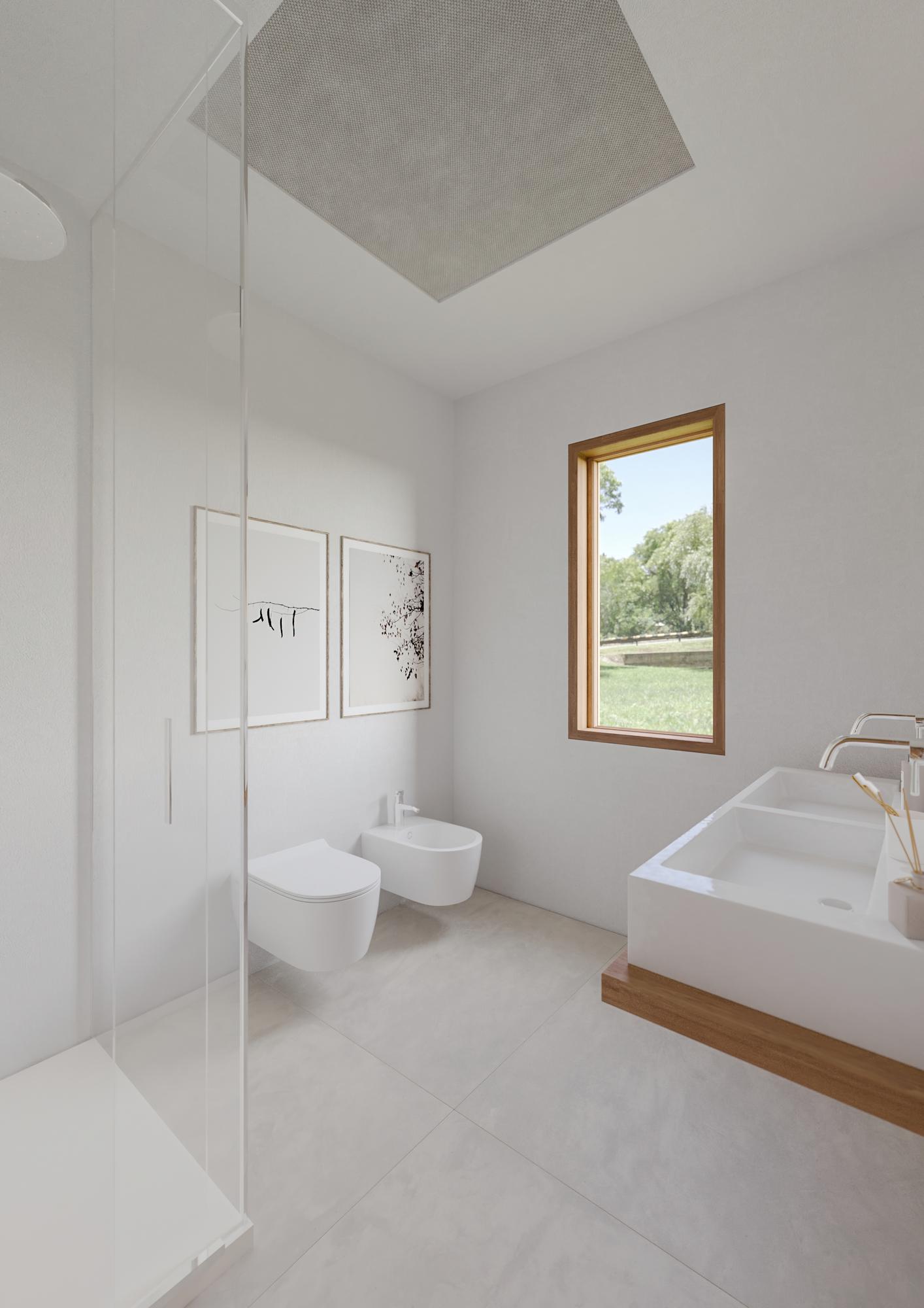 Render of the nHouse bathroom: white fittings, a basin on a wooden top and a small window
