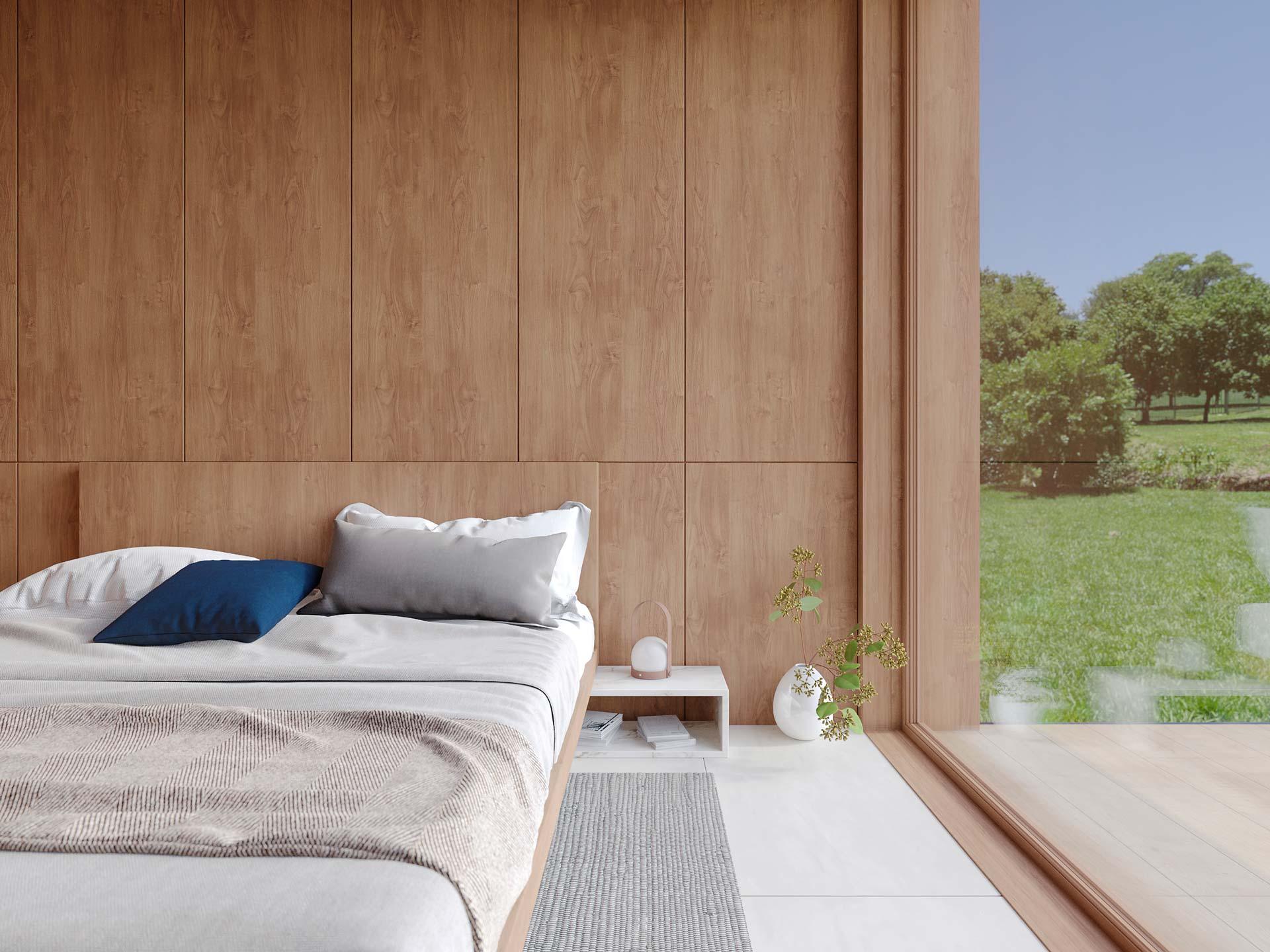 Render of a detail of the nHouse bedroom: the bed, the bedside table and the lawn beyond the glass