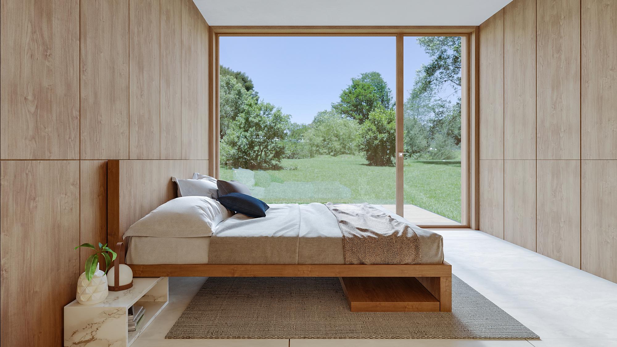 Render of the nHouse bedroom with the wooden bed in front of a large window onto the park