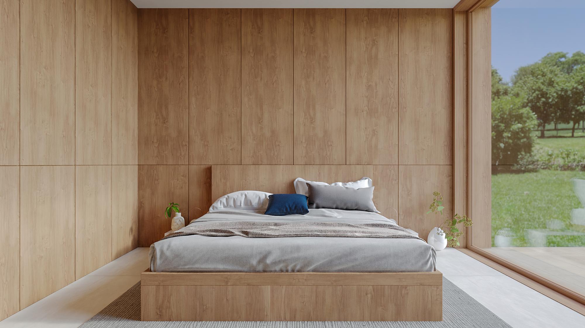 Front render of the nHouse bedroom, with a wooden headboard and the side window onto the garden