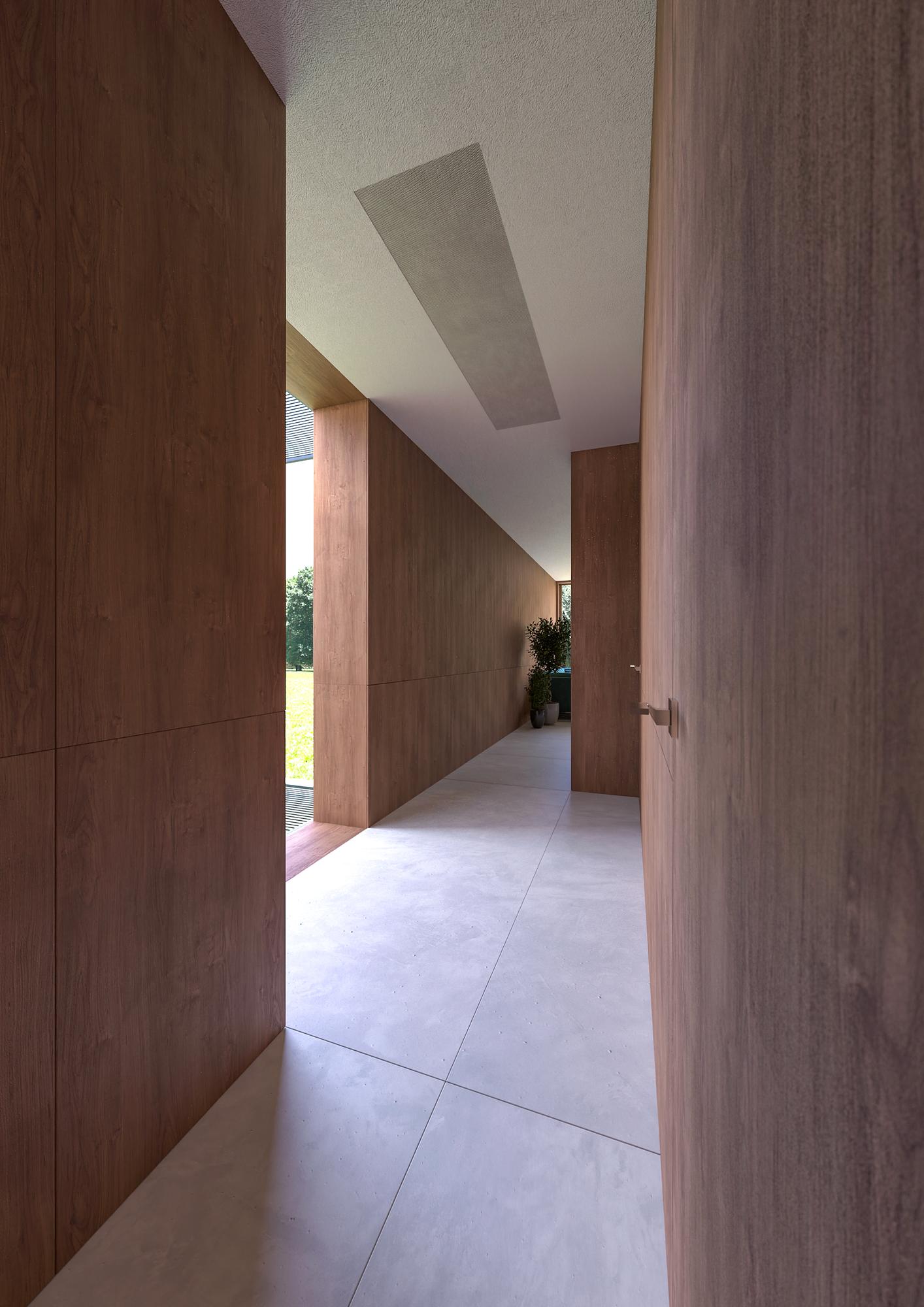 Render of the nHouse hallway between two wooden walls, with light from the window at the end