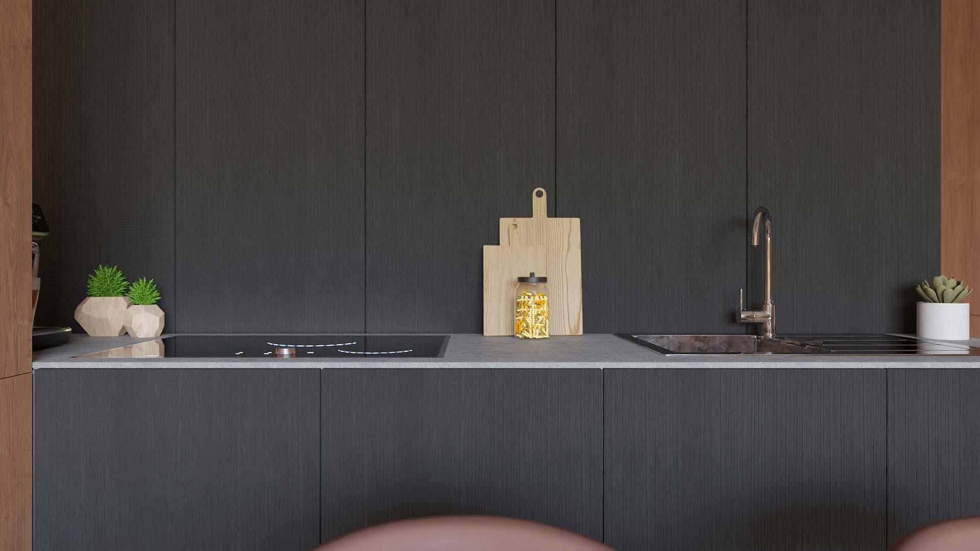 Render of the nHouse kitchen wall, with black units and the hob