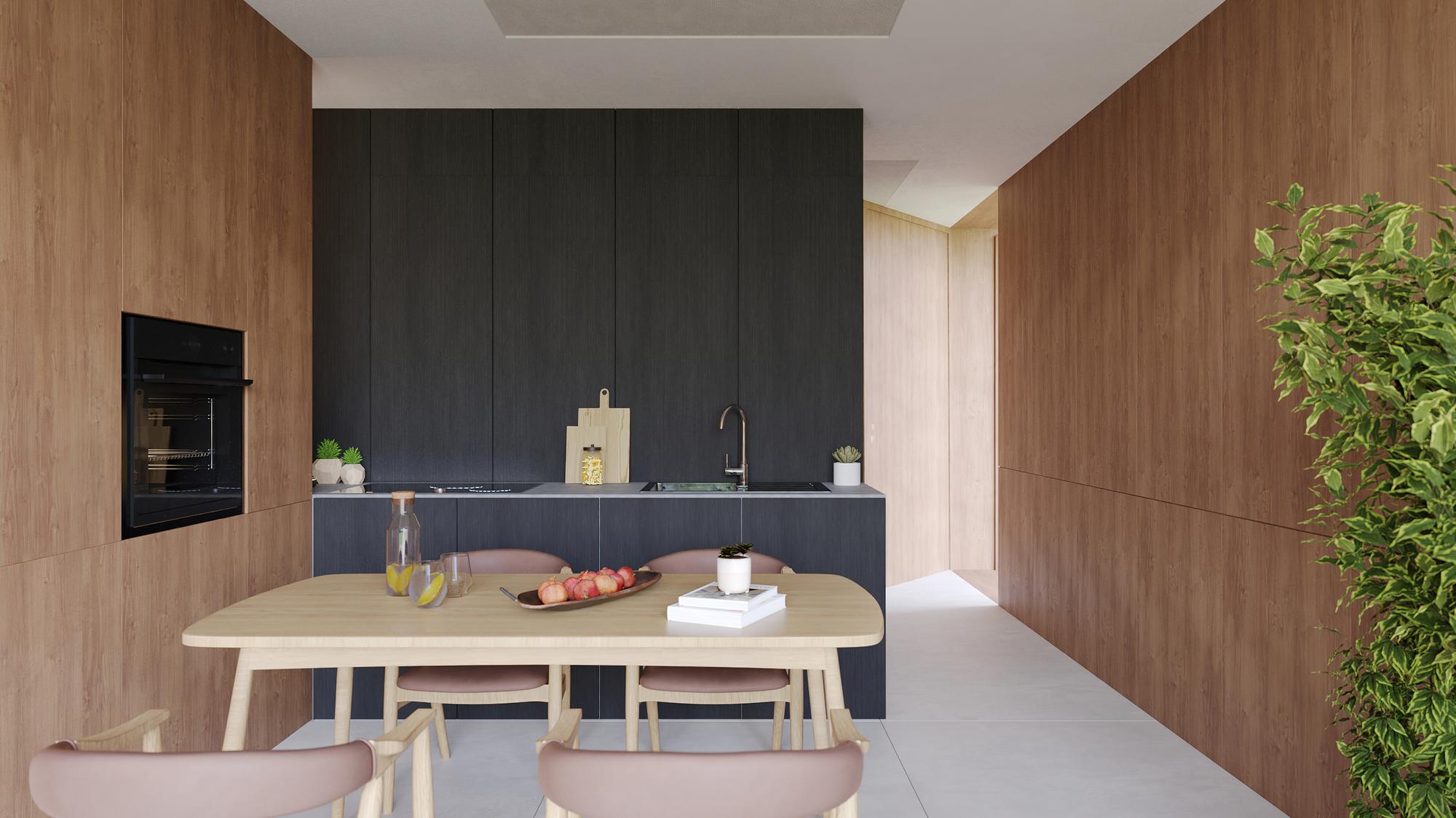 Render of the nHouse living area: wooden table, pink chairs, black kitchen and wood-panelled walls