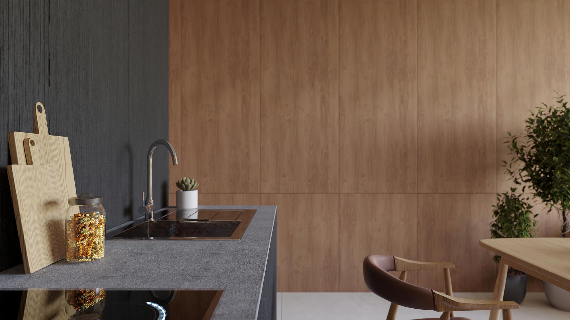 Render of the nHouse kitchen: dark worktop, sink, chopping boards and wooden walls