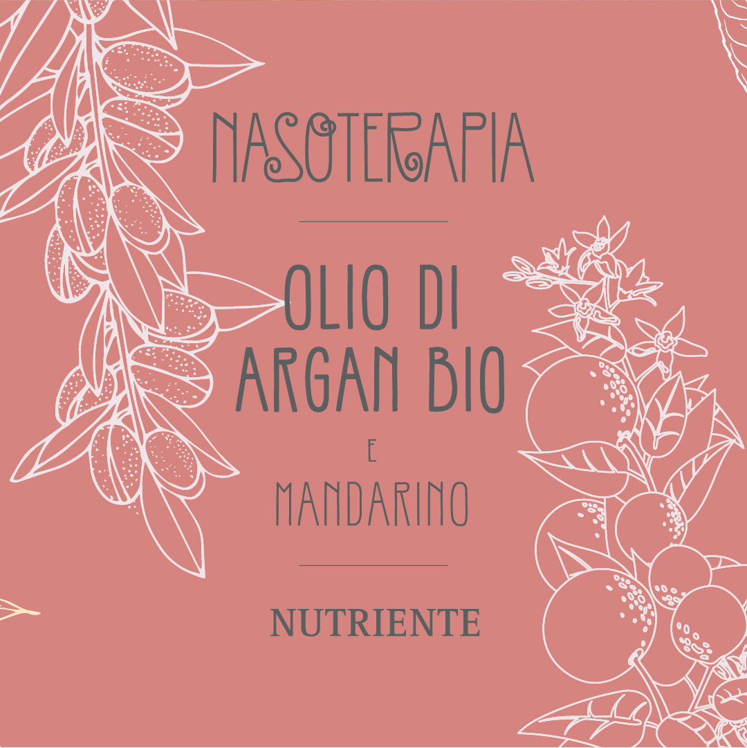 Etichetta Nasoterapia Olio di argan bio e mandarino, nutriente, su fondo rosa con rami di argan e mandarini al tratto