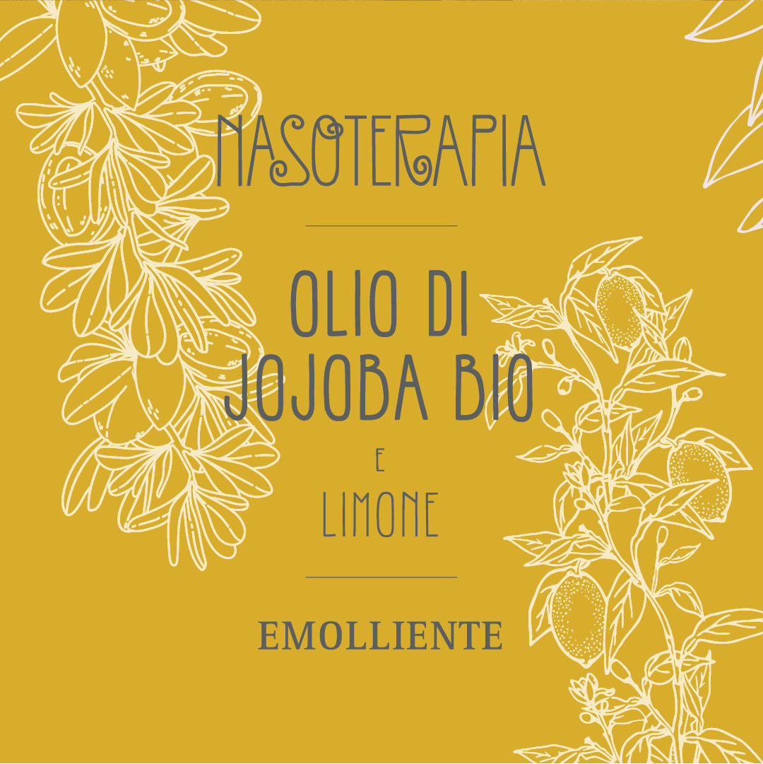Etichetta Nasoterapia Olio di jojoba bio e limone, emolliente, su fondo ocra con rami di jojoba e limoni al tratto