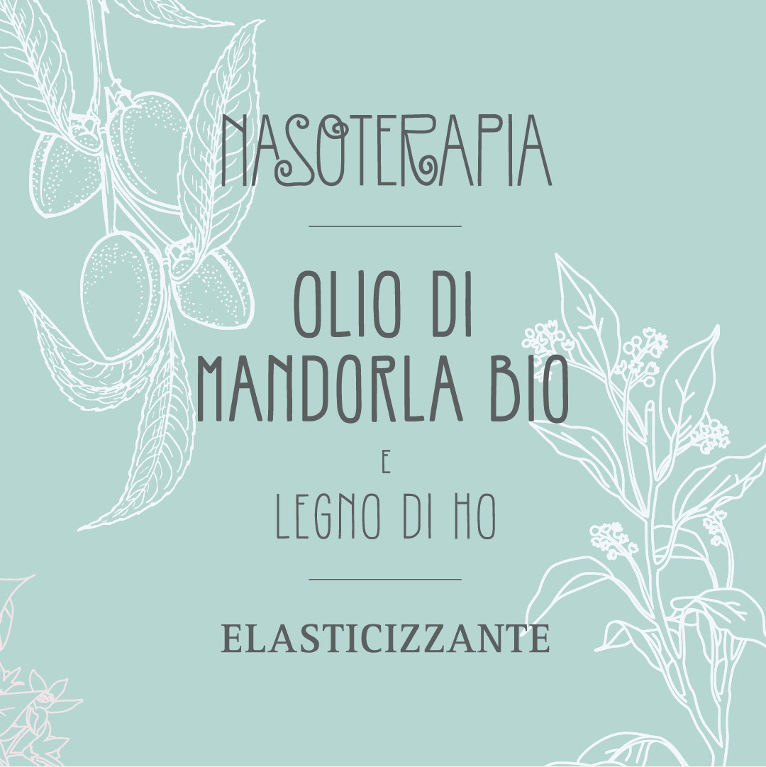Etichetta Nasoterapia Olio di mandorla bio e legno di Ho, elasticizzante, su fondo acqua con rami di mandorlo al tratto bianco