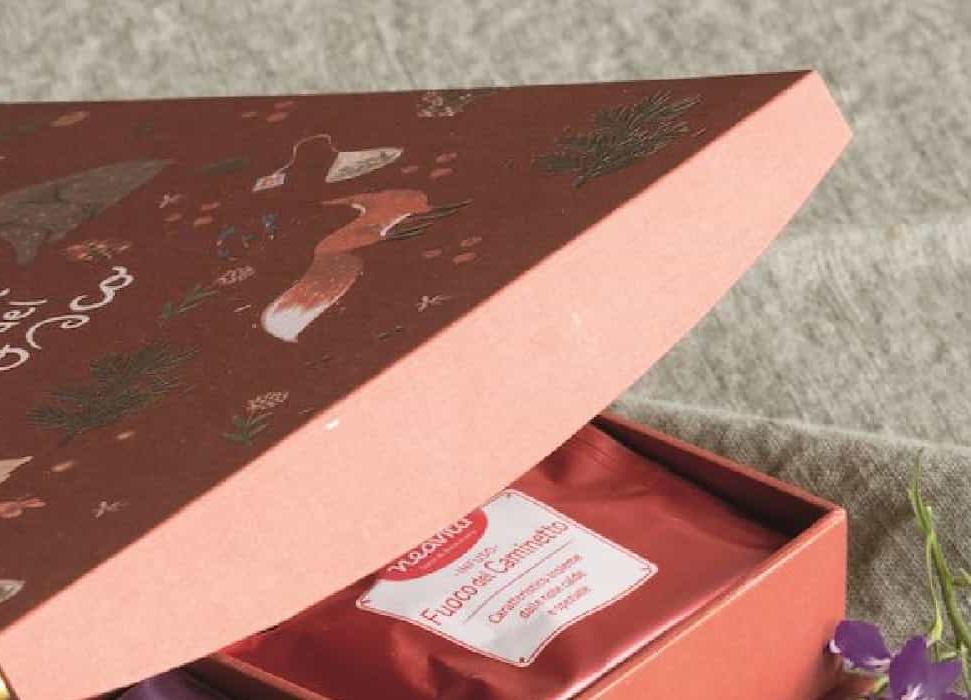 Detail of the Infusi del bosco gift box lid, with a fox and illustrated leaves