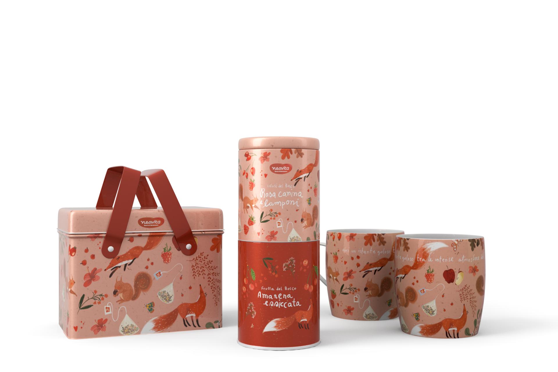 3D model of the Infusi del bosco line in pink and terracotta: tin with handles, stacked jars and mugs