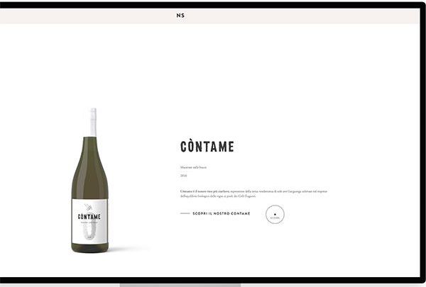 La pagina del vino Còntame nel primo sito Nevio Scala, con la bottiglia e il pulsante Scopri il nostro Còntame