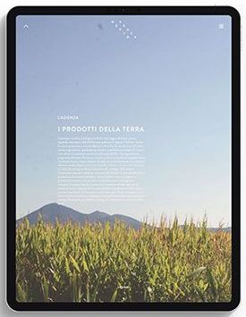 La sezione L’azienda, I prodotti della terra, del primo sito Nevio Scala su tablet, con un campo e le colline sullo sfondo