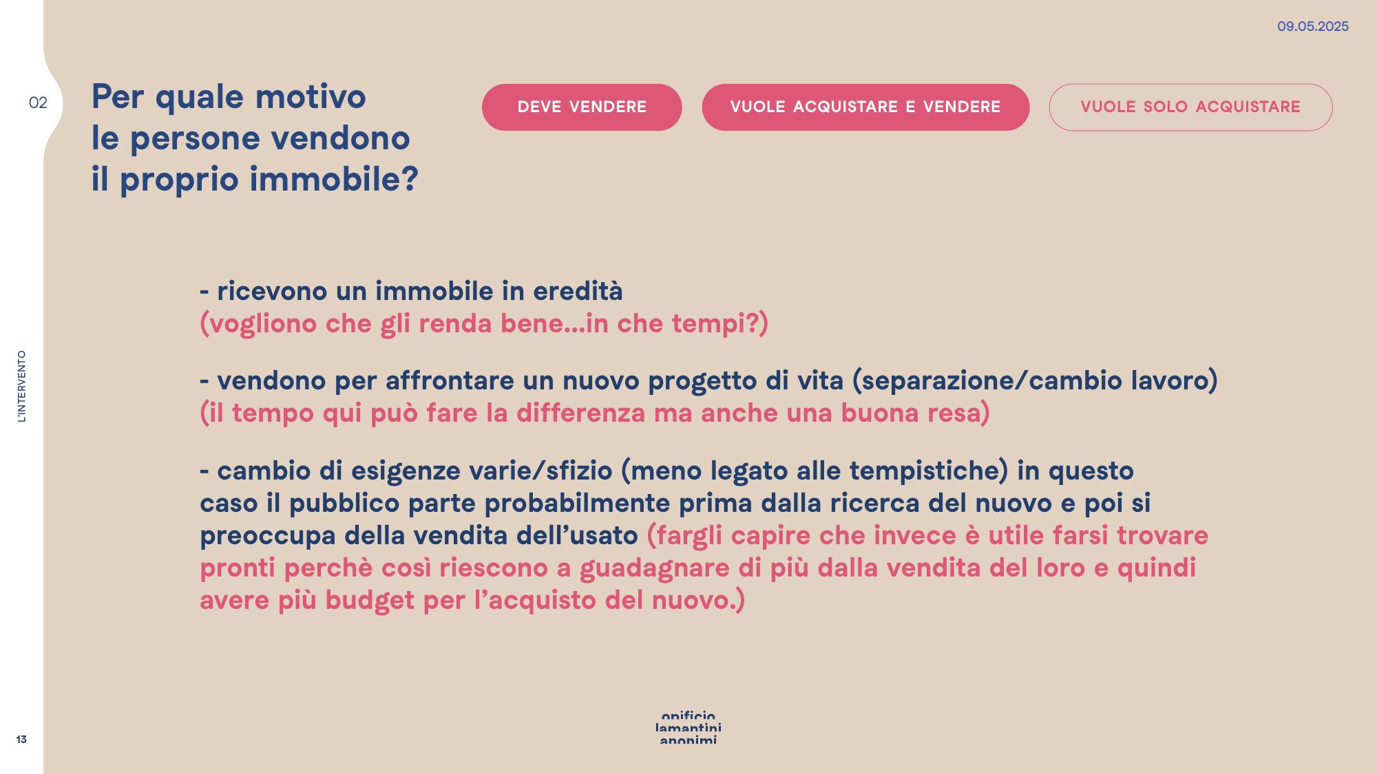 Slide sulle ragioni per cui le persone vendono casa: eredità, nuovo progetto di vita, cambio di esigenze