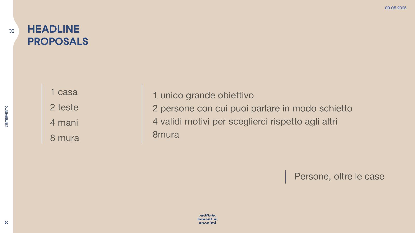 Slide delle proposte di headline: una casa, due teste, quattro mani, otto mura