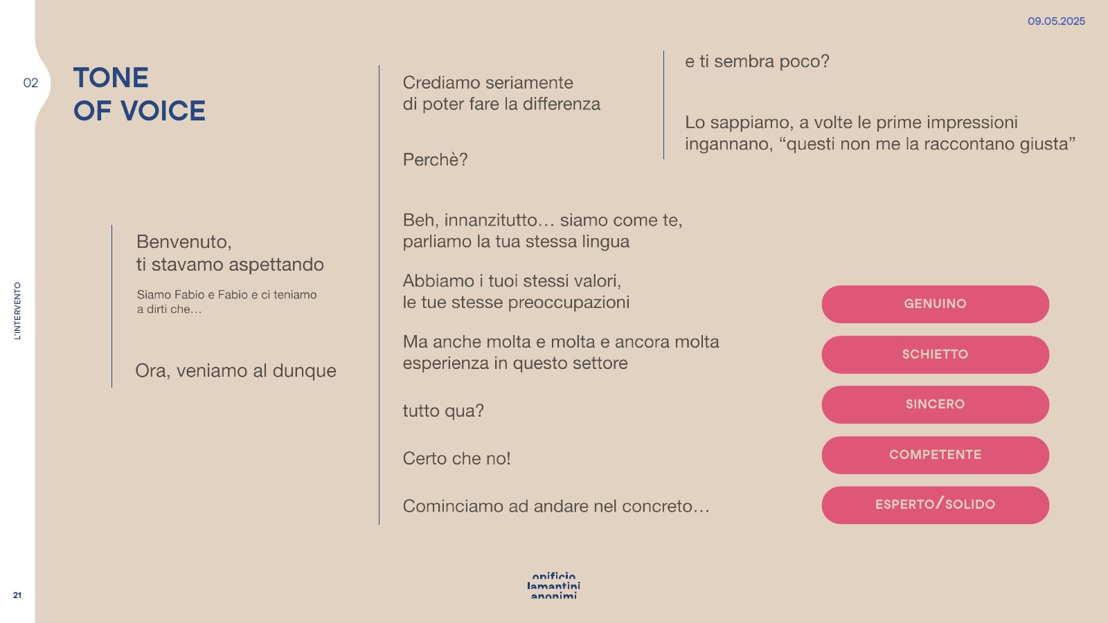 Slide del tono di voce: genuino, schietto, sincero, competente, esperto e solido