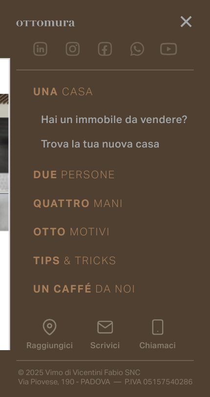 Menu del sito Ottomura su smartphone: una casa, due persone, quattro mani, otto motivi
