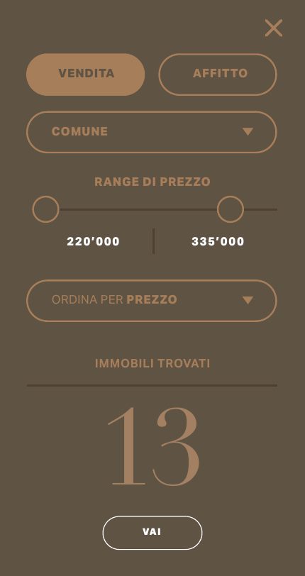 Filtri di ricerca del sito Ottomura su smartphone, con il numero di immobili trovati