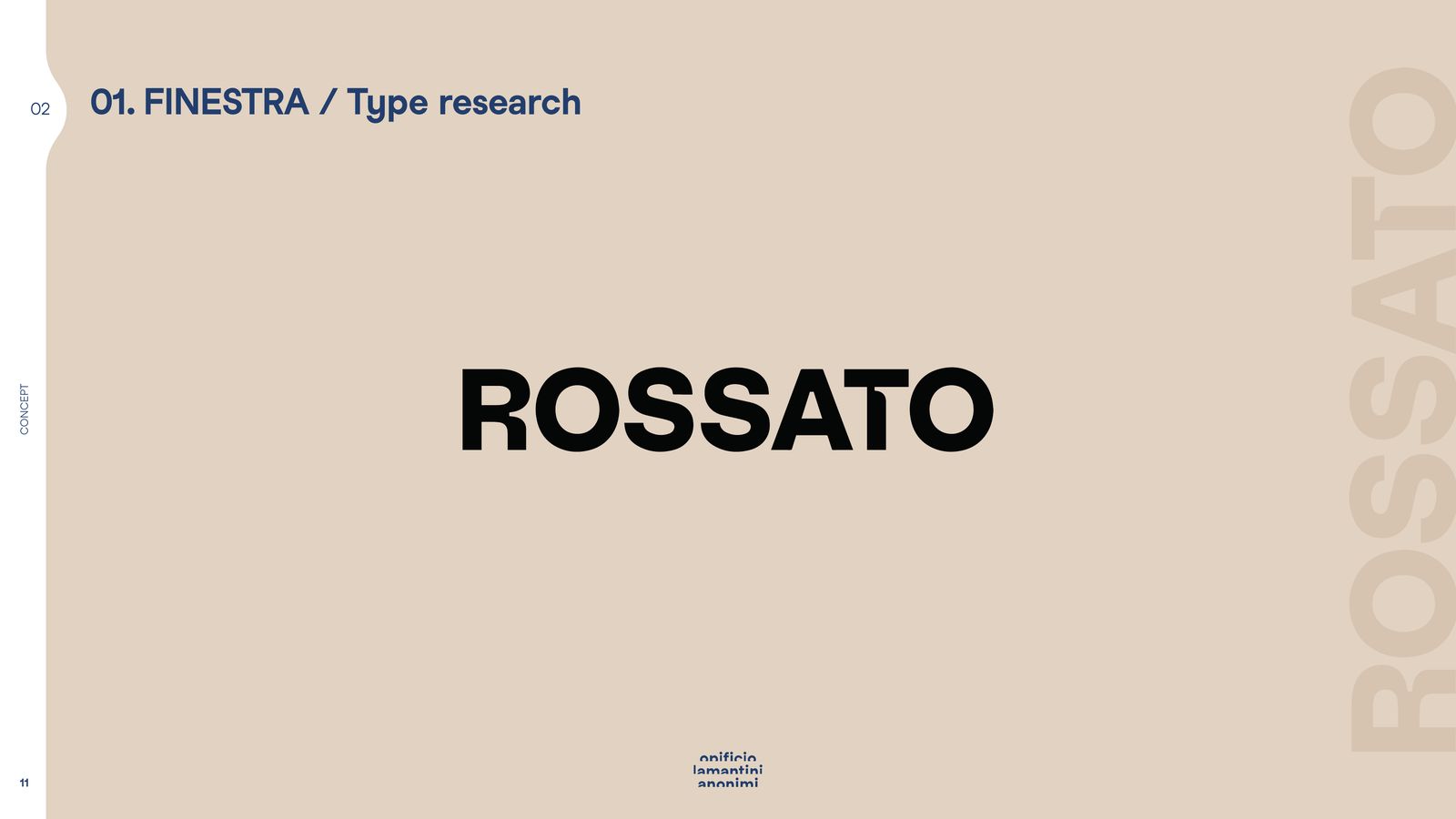 Slide di ricerca tipografica per il logotipo Rossato