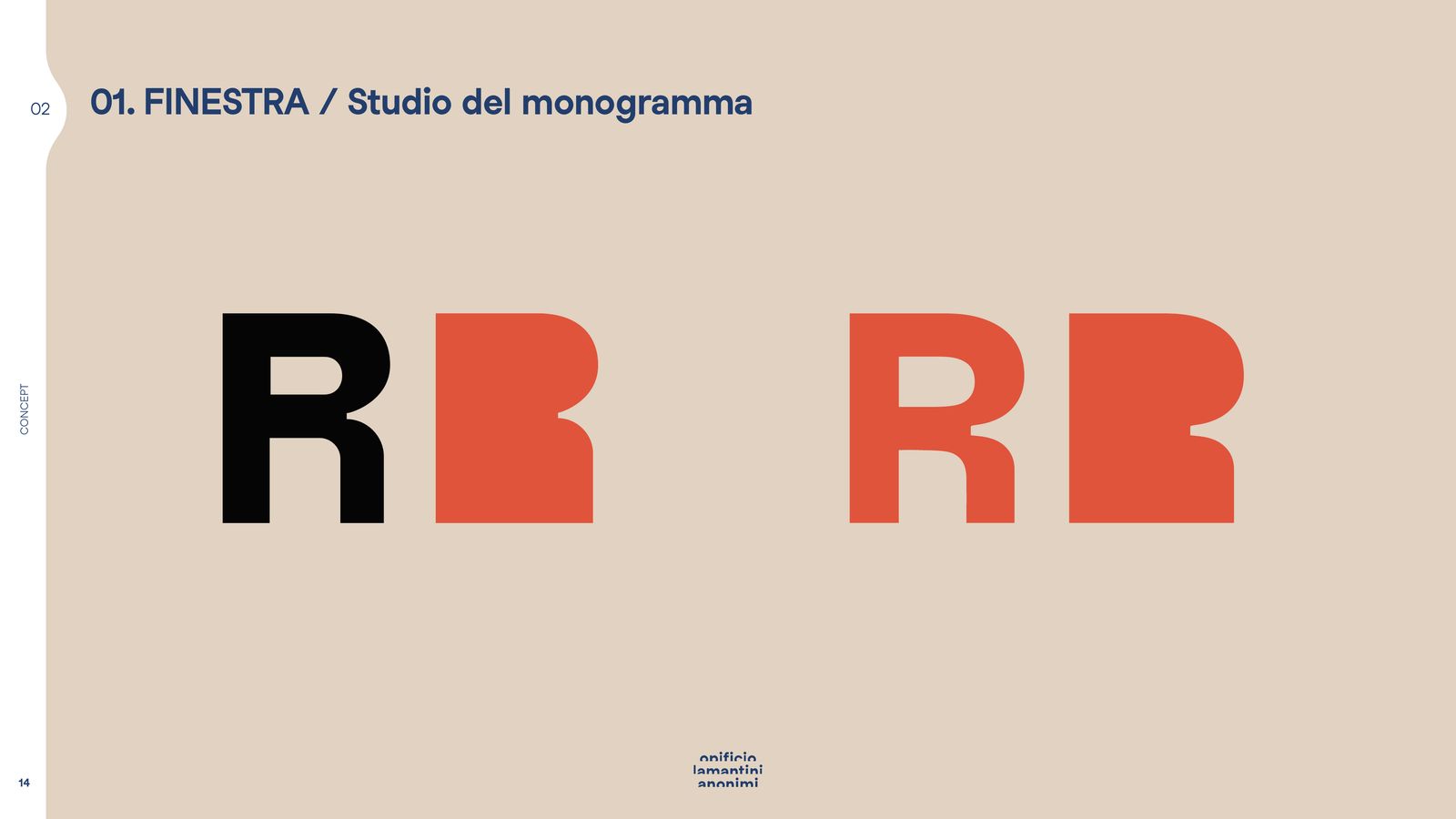 Slide dello studio del monogramma: la R che diventa una finestra