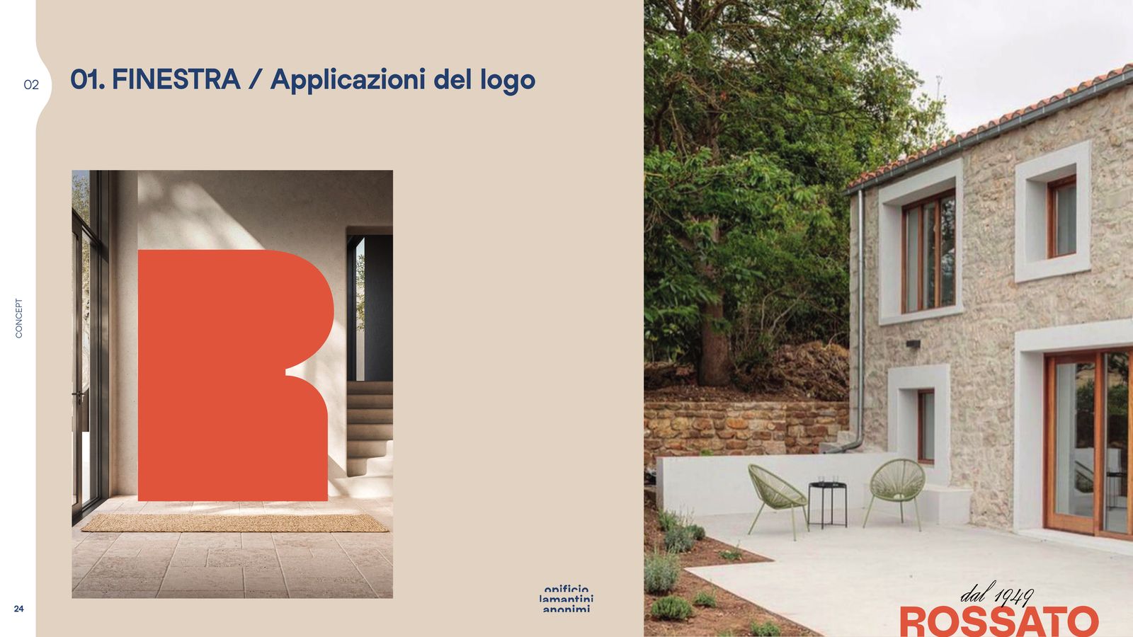 Slide con le applicazioni del logo, dal muro alla facciata