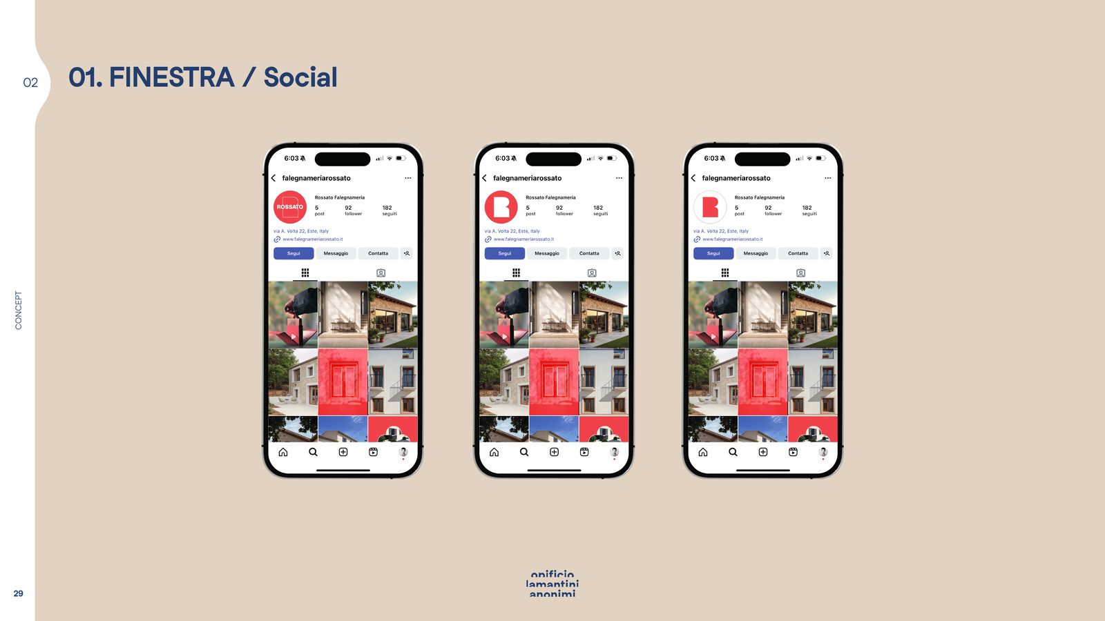 Slide con i social del concept della finestra su tre telefoni