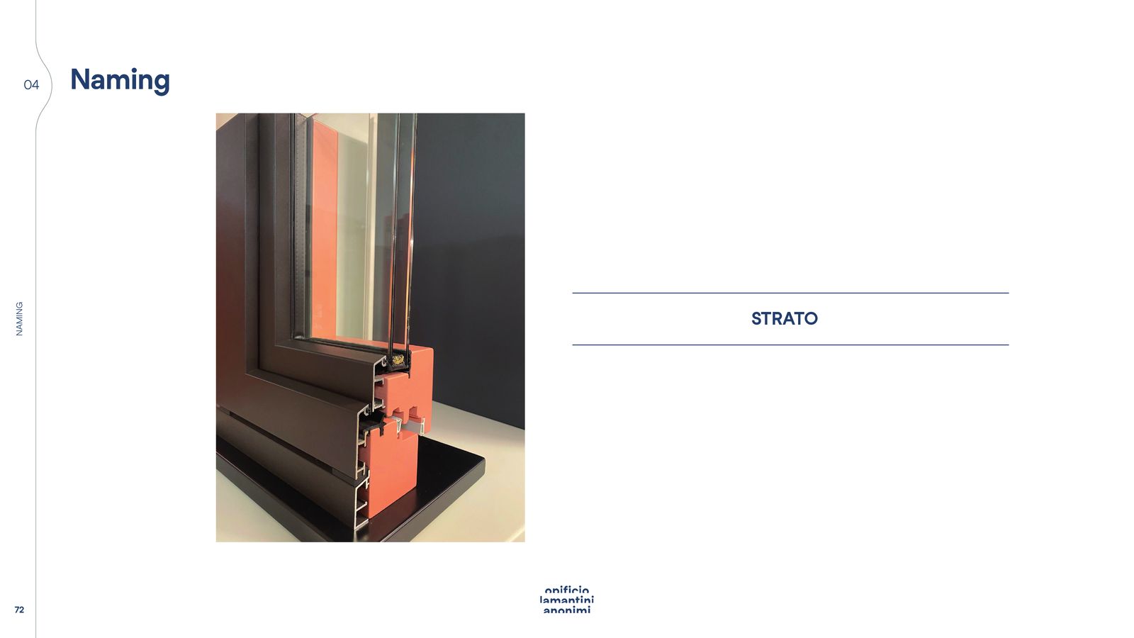 Slide di naming: il profilo di un serramento accanto al nome Strato