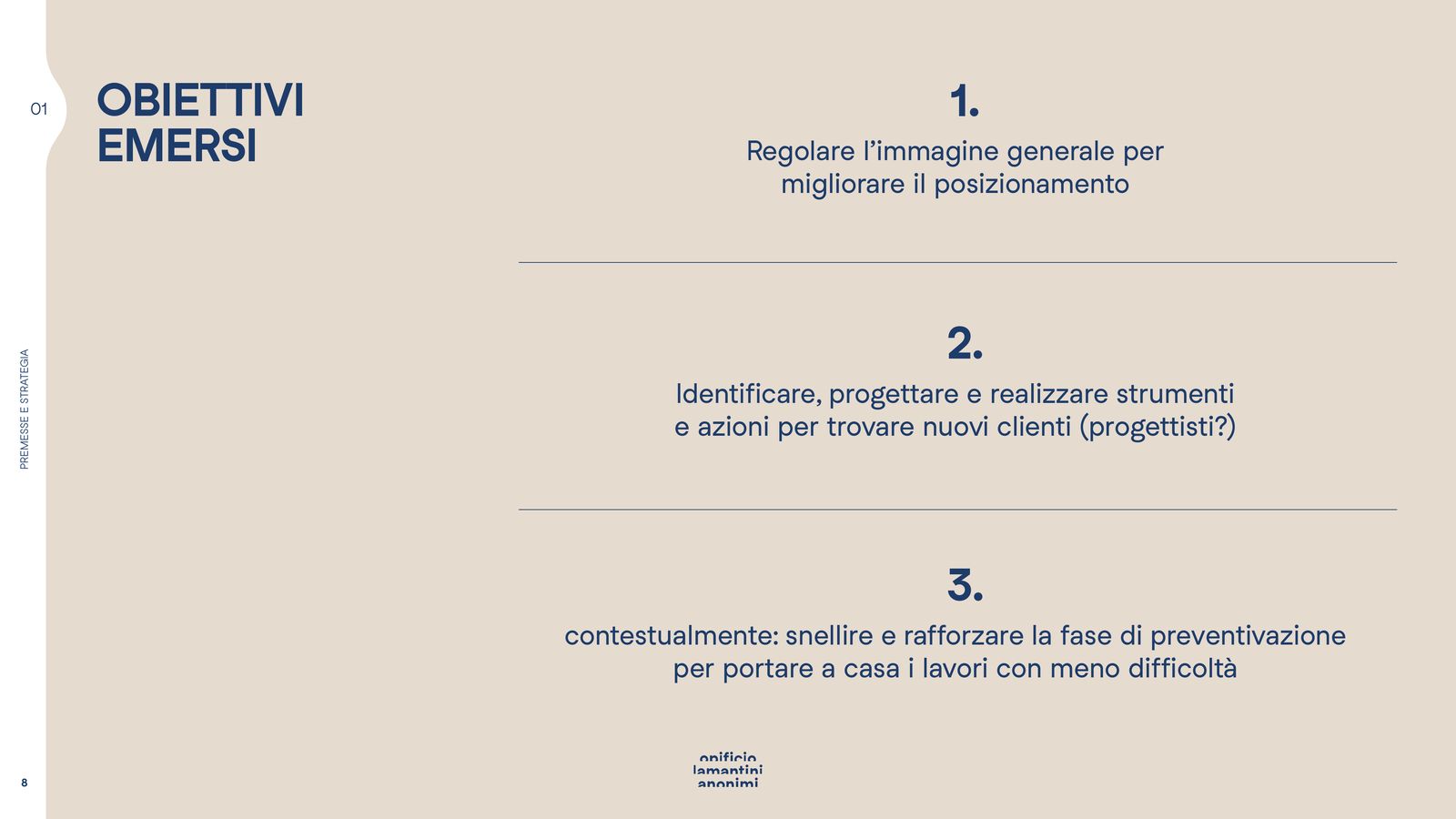 Slide con i tre obiettivi emersi dall’analisi di Falegnameria Rossato