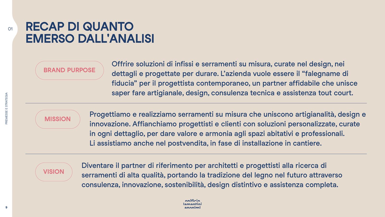 Slide con brand purpose, mission e vision di Falegnameria Rossato