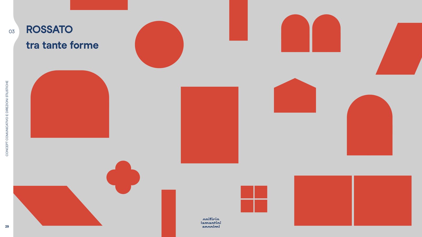 Slide con molte forme rosse: finestre, archi, pannelli