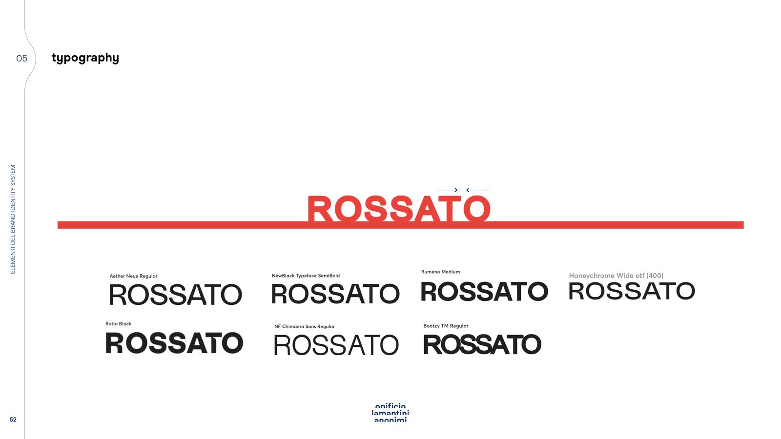 Slide di approfondimento tipografico con i pesi del logotipo Rossato