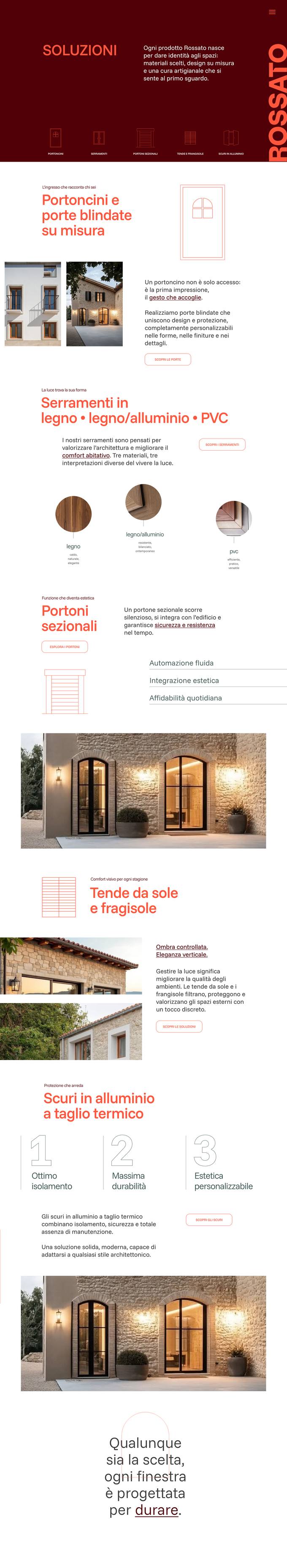 Mockup del sito Rossato, pagina delle soluzioni di serramento