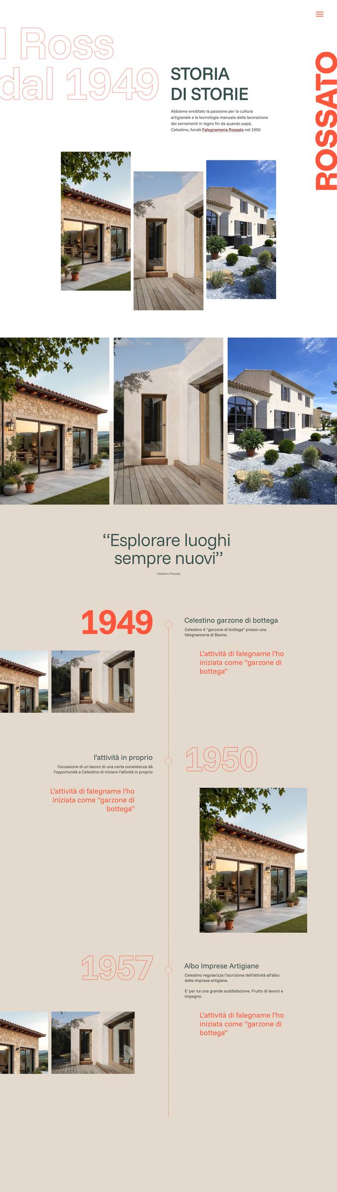 Mockup del sito Rossato, la pagina sulla storia della famiglia dal 1949
