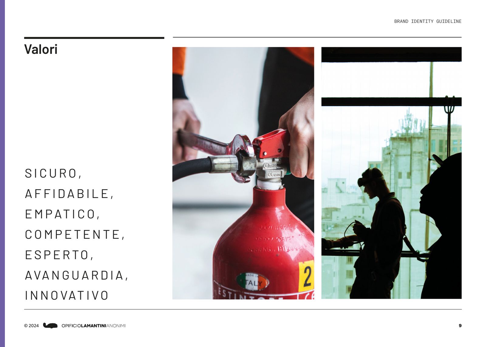 Brand book: i valori, accanto alle fotografie di un estintore e di un tecnico al lavoro