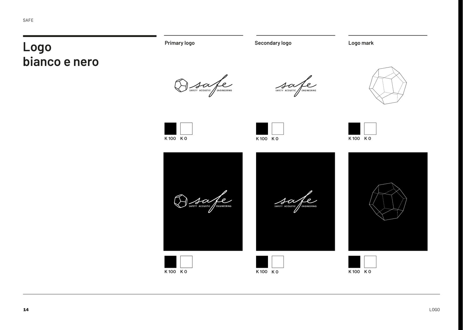 Brand book: il marchio in bianco e nero, nelle versioni primary, secondary e logo mark