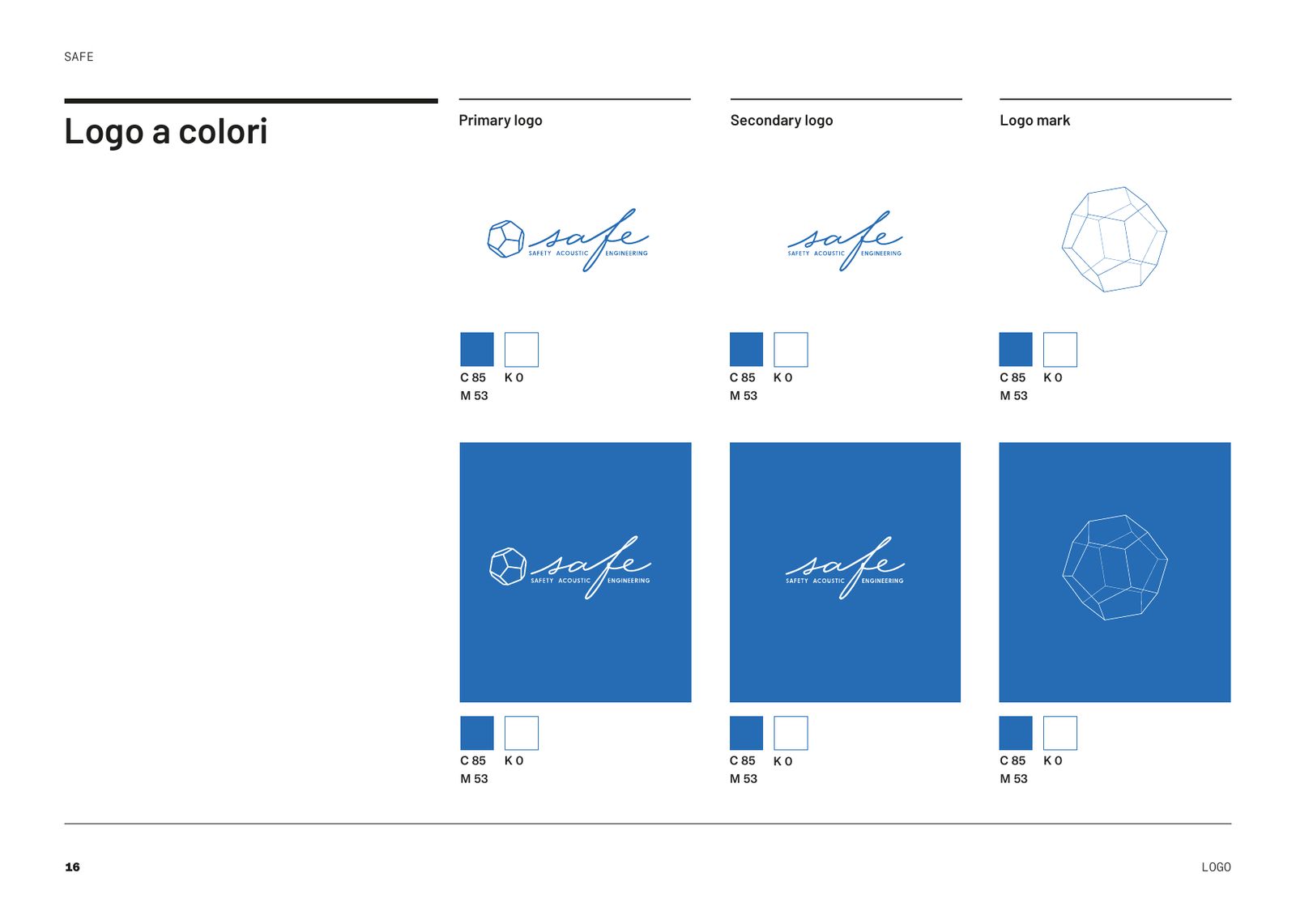 Brand book: il marchio a colori, in blu su bianco e in bianco su blu