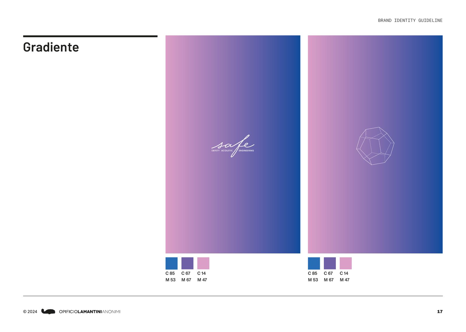 Brand book: il gradiente dal rosa al blu, con il marchio e il dodecaedro