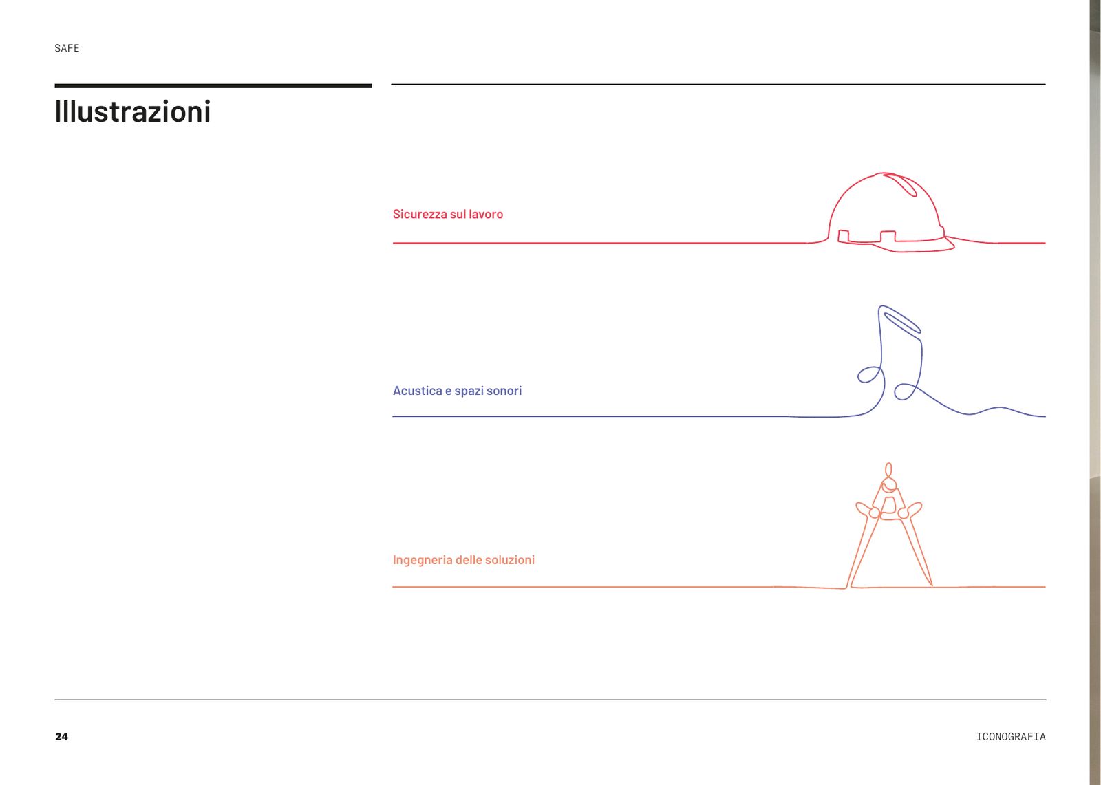 Brand book: le tre illustrazioni al tratto per sicurezza, acustica e ingegneria