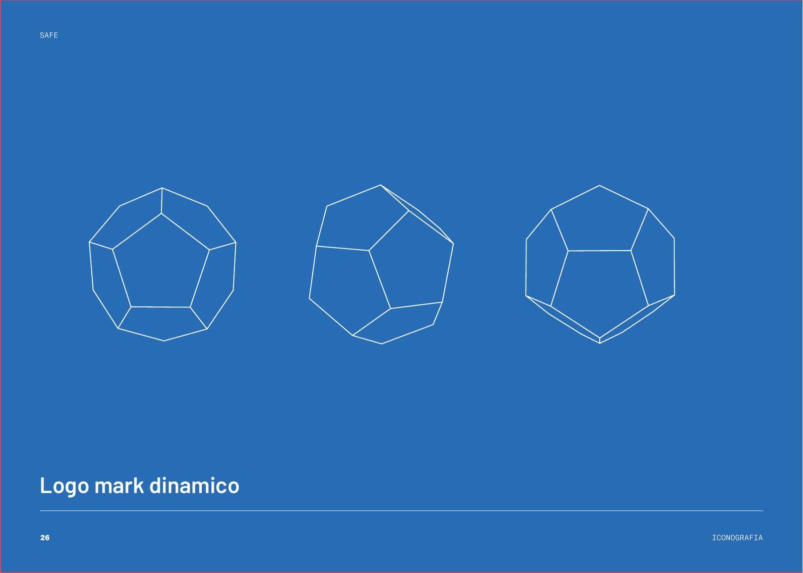 Brand book: il logo mark dinamico, tre viste del dodecaedro in bianco su blu