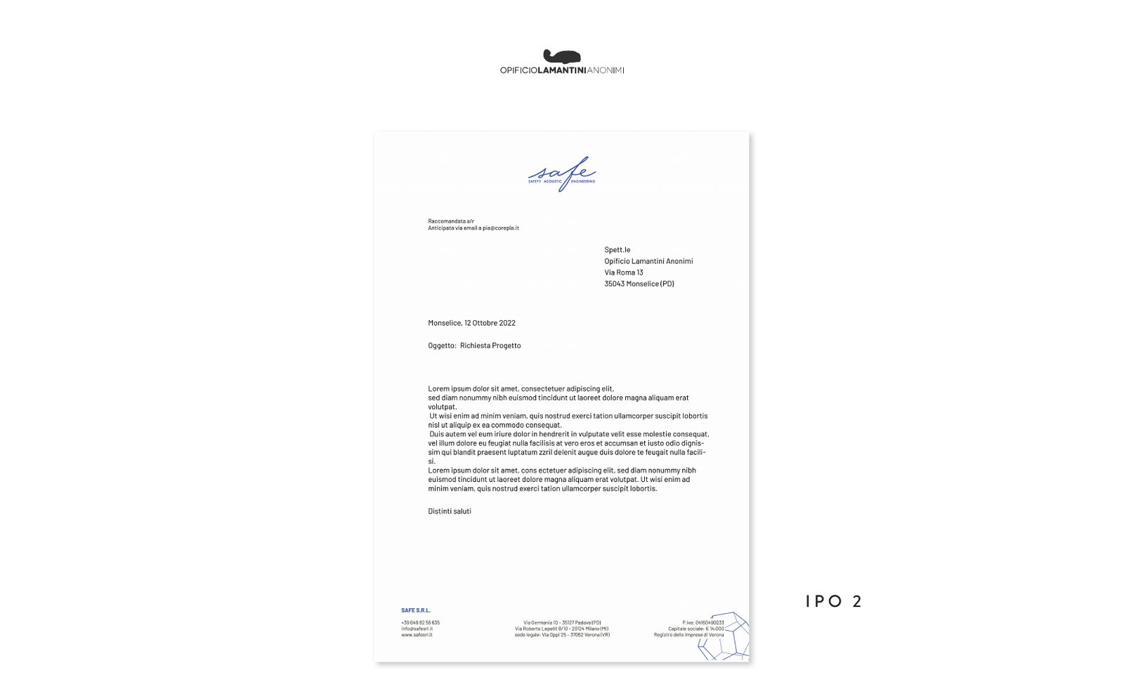 Carta intestata Safe con la scritta in alto e i recapiti al piede