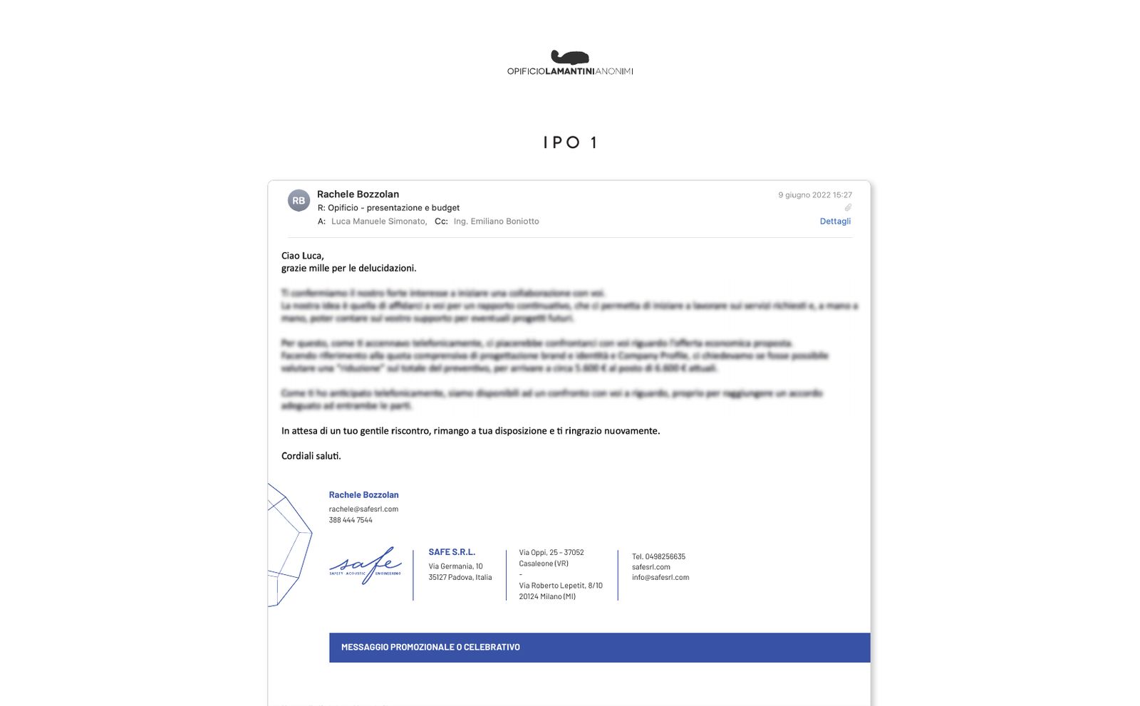 Firma email Safe con la fascia blu e i recapiti