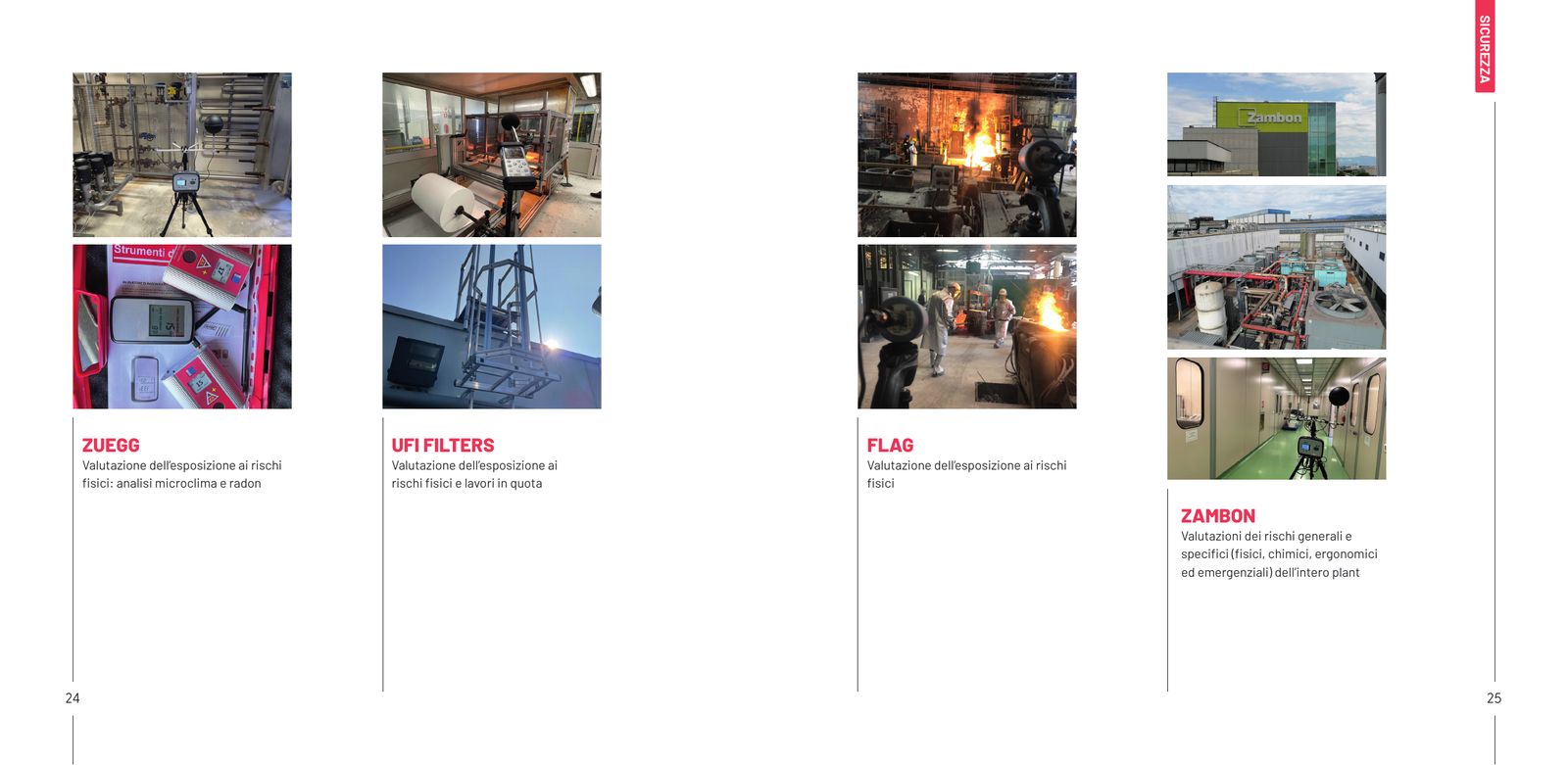 Company profile: una doppia pagina di case histories sulla sicurezza, con fotografie di stabilimenti