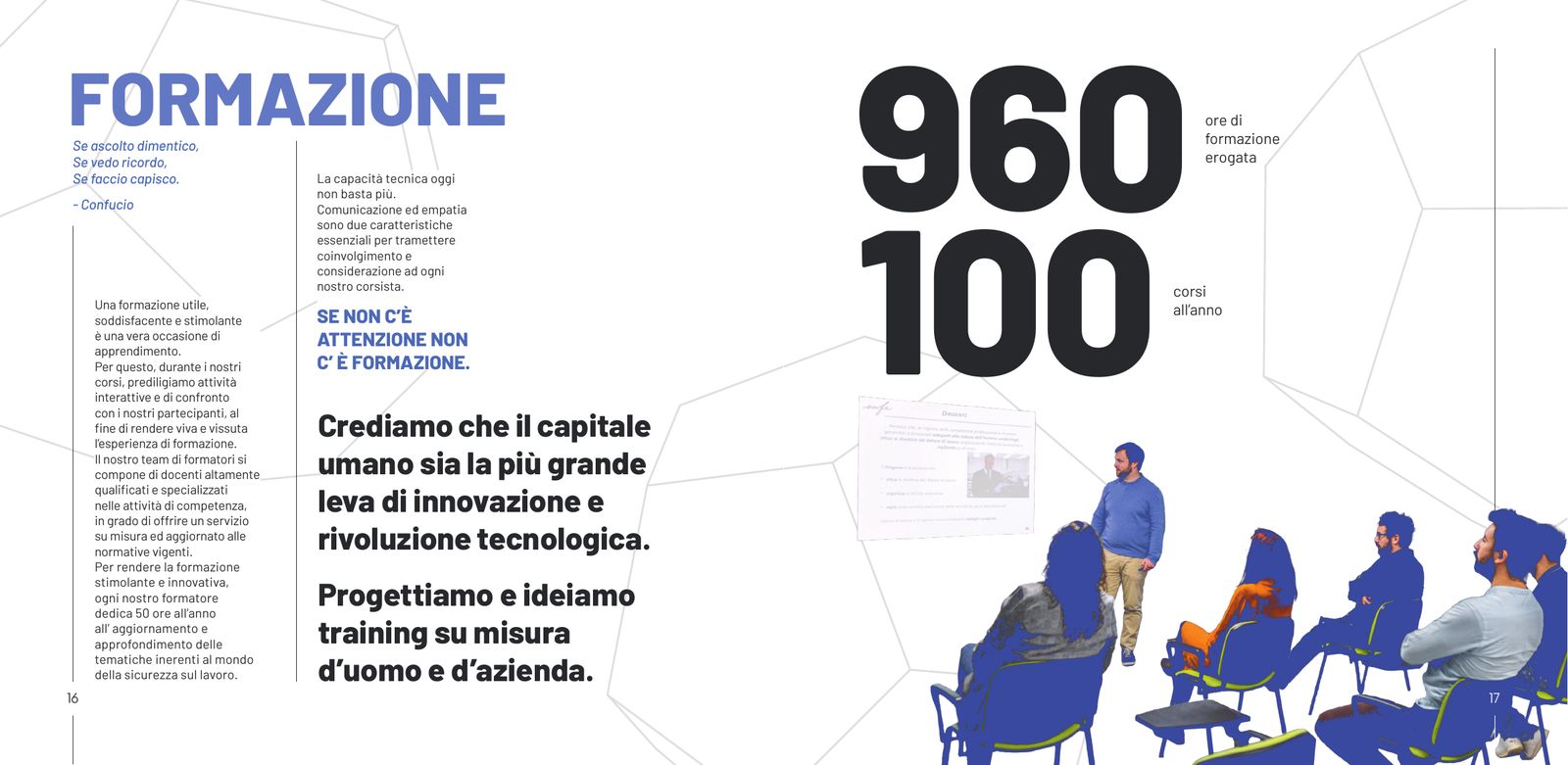 Company profile: il capitolo formazione, con la citazione di Confucio e un’aula illustrata in blu