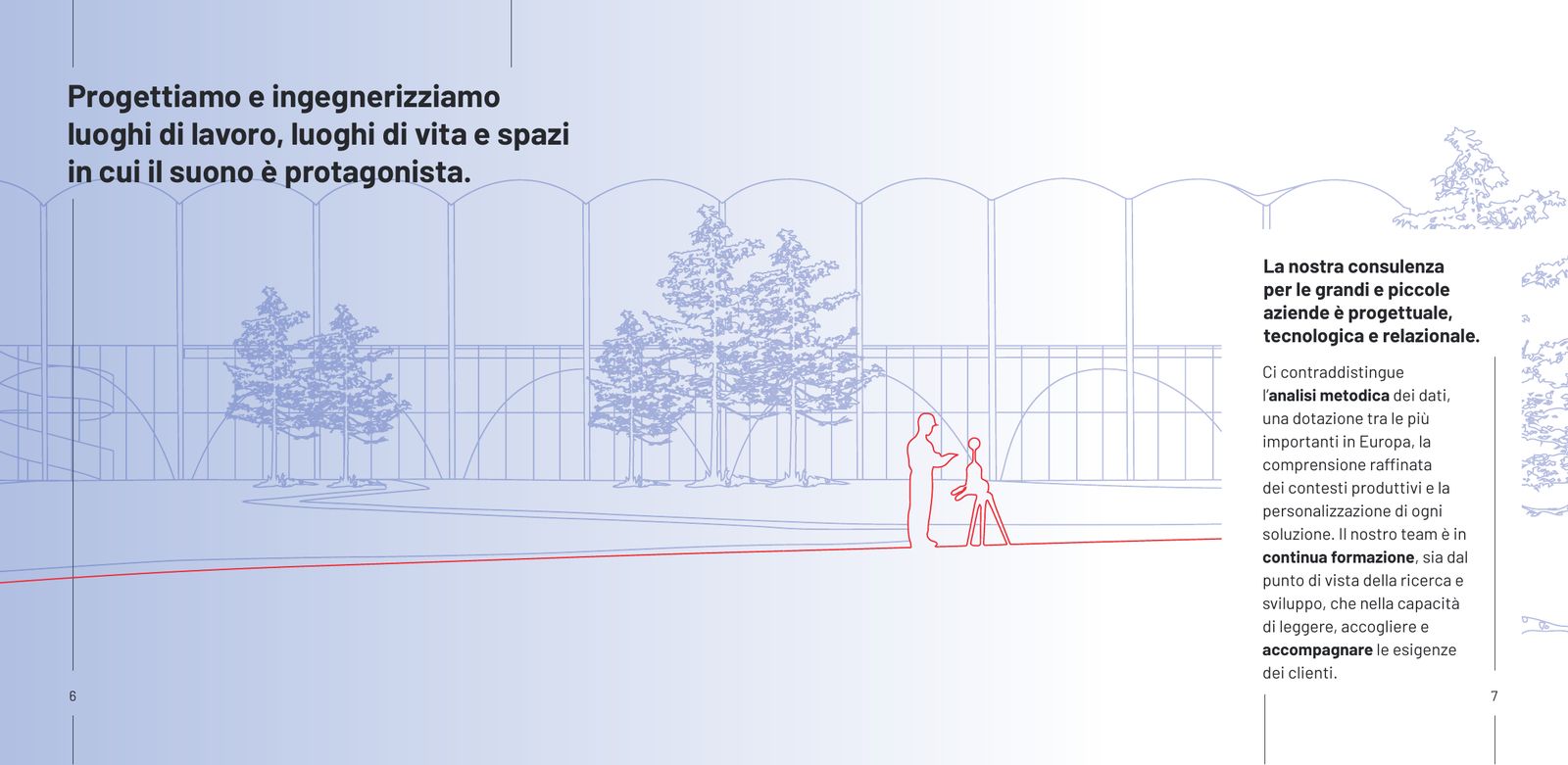 Doppia pagina del company profile: un luogo di lavoro disegnato a linee blu, con un tecnico che misura, e il testo sulla consulenza di Safe