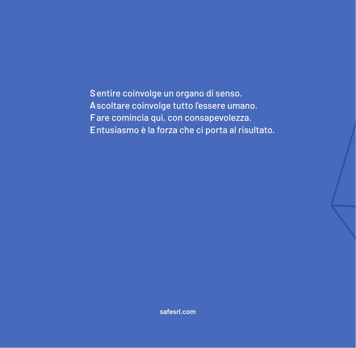 Quarta di copertina: l’acrostico sentire, ascoltare, fare, entusiasmo su fondo blu