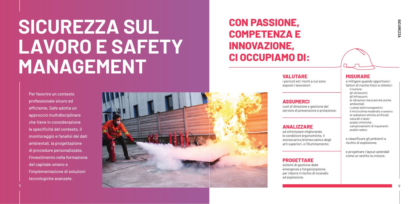 Company profile: il capitolo sicurezza sul lavoro e safety management, su fondo rosa, con l’elenco dei servizi