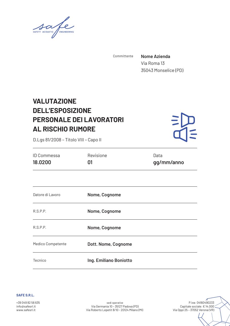 Copertina della relazione di valutazione del rischio rumore, con l’icona al tratto
