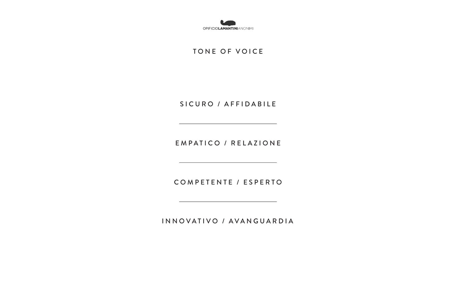 Tavola del tono di voce: sicuro e affidabile, empatico e di relazione, competente ed esperto, innovativo e d’avanguardia