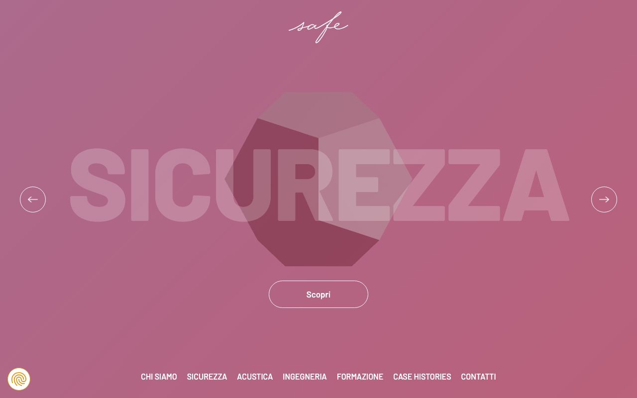 La home del sito safesrl.com in linea: la scritta safe in alto, il dodecaedro sulla parola sicurezza e il menu dei quattro mestieri
